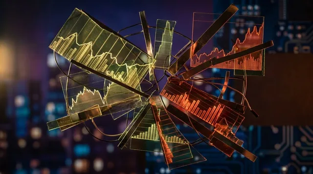 A split-screen or fragmented mosaic of stock market charts and graphs, with some sections glowing green and others red, visually representing the chaotic and contradictory nature of market movements. The image should feel dynamic and slightly disorganized — perhaps with chart lines pulling in different directions or puzzle pieces that don't quite fit together. This captures the core message that markets are messy, multi-directional, and resist being forced into a single neat narrative.
