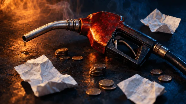 A dramatic close-up of a gas pump nozzle glowing with warm amber light against a dark background, with scattered coins nearby, symbolizing rising fuel costs driving inflation.