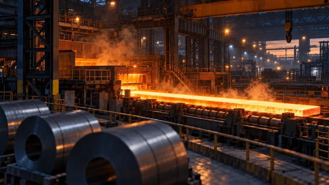 Wide interior shot of a steel mill at dusk showing a glowing hot slab on a roller line in the distance and cooled steel coils in the foreground, evoking strong production against a more cautious outlook.