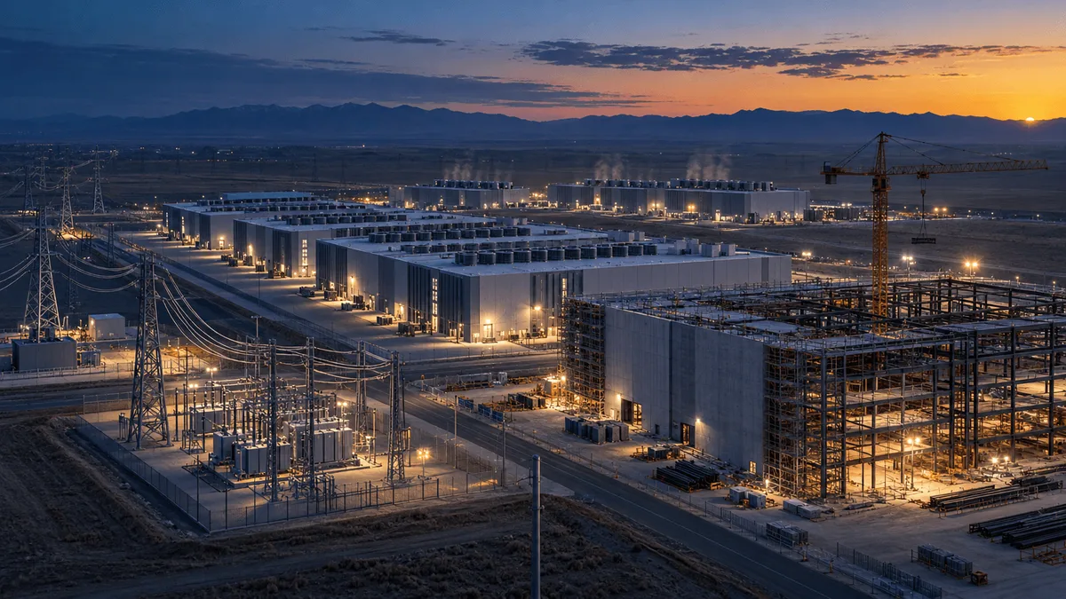 Aerial view of a large data center campus at dusk, with completed buildings, high-voltage power lines, and one structure still under construction with a crane.