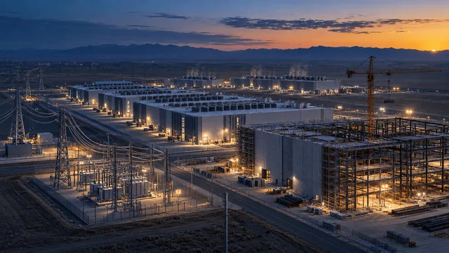 Aerial view of a large data center campus at dusk, with completed buildings, high-voltage power lines, and one structure still under construction with a crane.