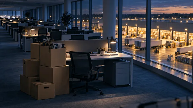 An empty corporate office with rows of vacated desks and stacked moving boxes in the foreground, while a brightly lit warehouse and loading dock are visible through windows in the background, contrasting corporate layoffs with continued store operations.