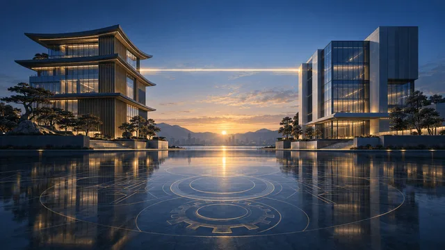 Two large corporate towers of different architectural styles facing each other across a reflective plaza, connected by a beam of light under a dawn sky, symbolizing a technology licensing agreement.