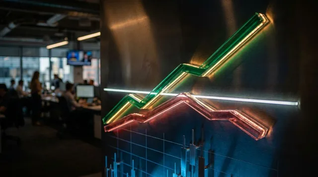 A split-screen financial chart visualization shows two contrasting stock performance lines — one bold, upward-climbing line glowing in green against a dark background, and one weak, declining red line — with a prominent benchmark index line