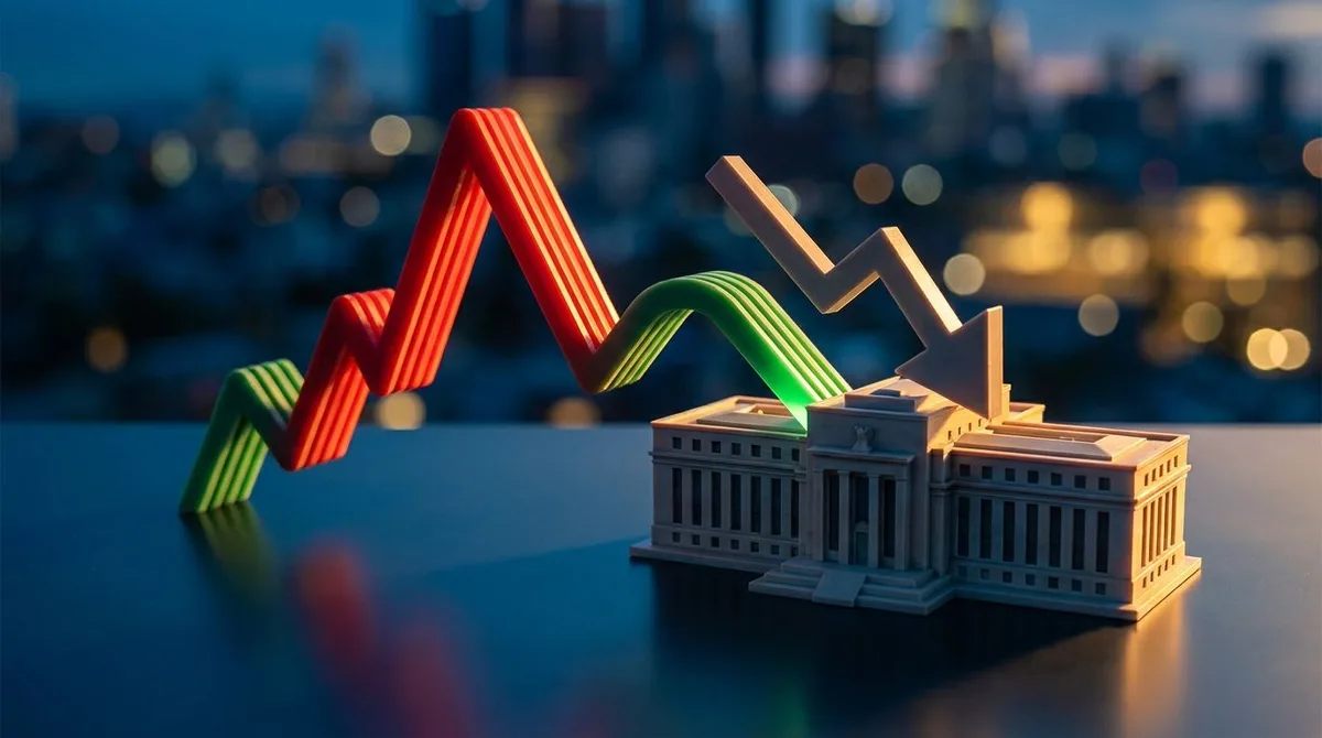 A dramatic aerial view of a stock market graph line reaching a sharp peak before curving downward, rendered in bold red and green against a dark background. A small Federal Reserve building or interest rate arrow overlays the scene, symbolizing the Fed's influence on the market's trajectory. The composition creates an immediate sense of tension and critical decision-making at a potential market turning point.