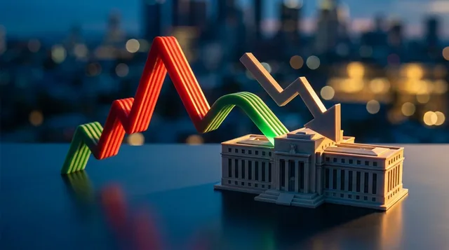 A dramatic aerial view of a stock market graph line reaching a sharp peak before curving downward, rendered in bold red and green against a dark background. A small Federal Reserve building or interest rate arrow overlays the scene, symbolizing the Fed's influence on the market's trajectory. The composition creates an immediate sense of tension and critical decision-making at a potential market turning point.
