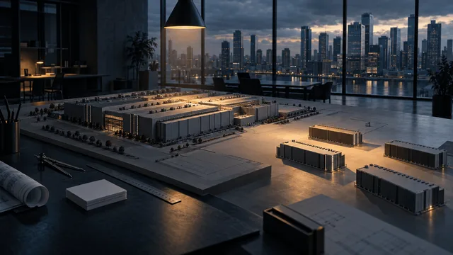 An architect's large scale model of a data-center campus on a drafting table, with several modular sections detached and set aside under dim studio lighting, suggesting a scaled-back construction plan.