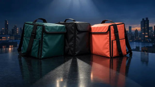 Three unbranded insulated delivery courier bags in green, black, and coral arranged on a reflective dark table, two overlapping closely to symbolize a possible merger, lit dramatically against a moody dark background.