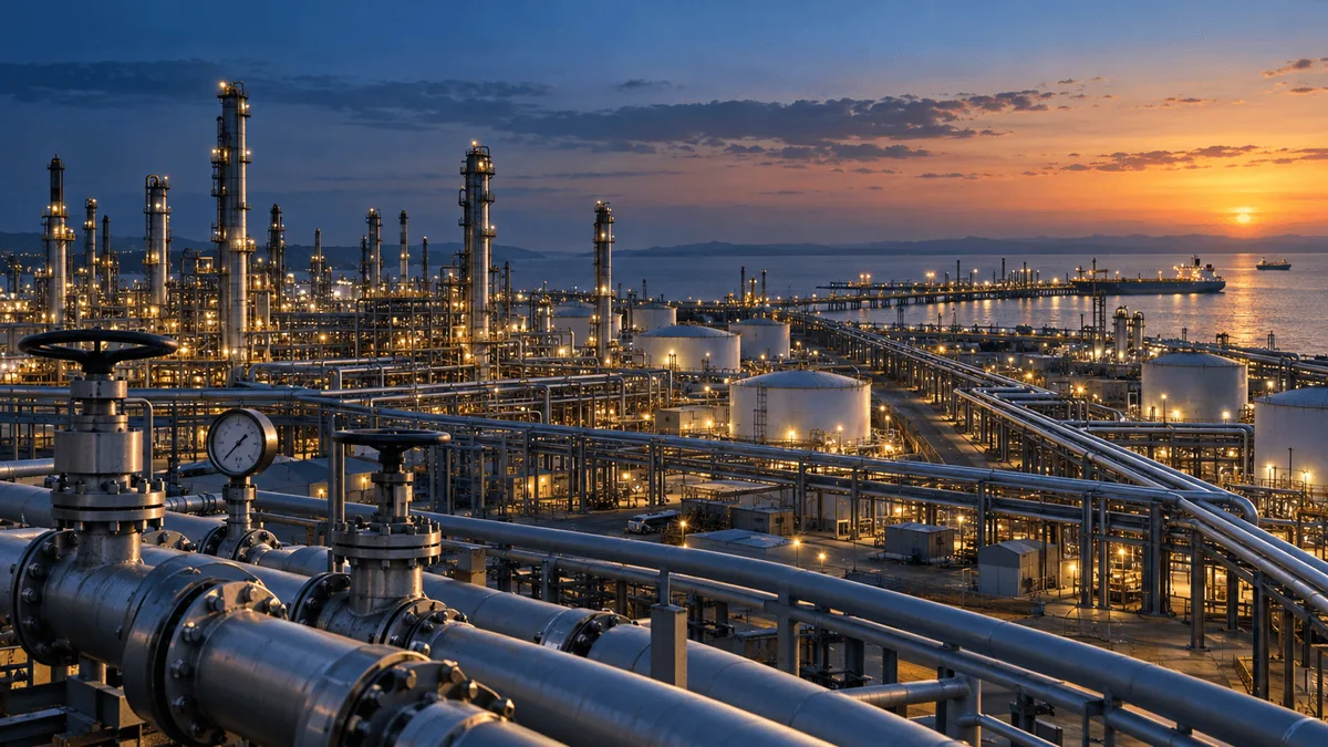 Aerial view of a large petroleum refinery and pipeline network at dusk, with distant storage tanks and a marine terminal illuminated by industrial lighting.