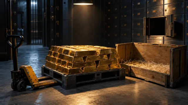 A dim, climate-controlled vault room: stacked gold bars sit on a steel pallet beside an open, empty wooden shipping crate lined with straw, a forklift's pallet jack resting nearby.