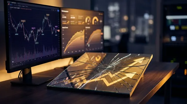 A trader sits at a dual-monitor setup in a dimly lit room, with one screen displaying a detailed historical price chart overlaid with strategy entry and exit markers, and the other showing performance metrics and equity curves.