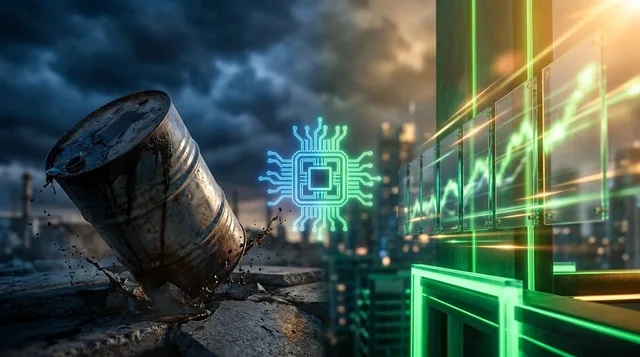 A dramatic split-scene composition showing a crashing oil barrel plummeting downward on one side, while on the other side a glowing green stock market ticker board surges upward, bathed in bright light.