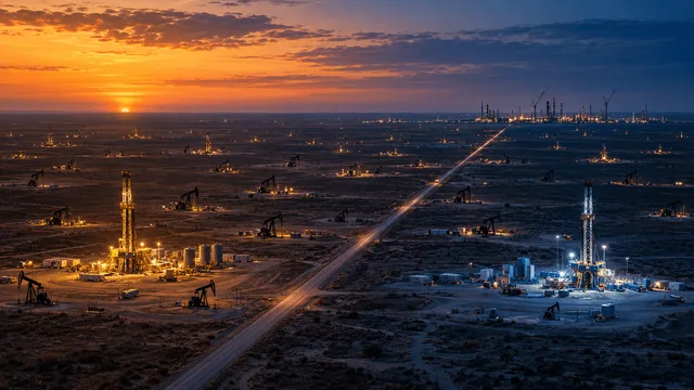 Aerial view of a vast oilfield with pump jacks and drilling rigs under a dusk sky, with a single road converging scattered facilities toward one point on the horizon.