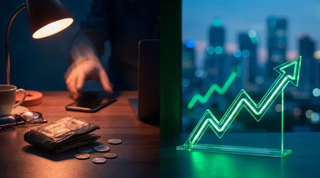 A split-screen visual showing a panicked retail investor frantically selling on a smartphone or computer, contrasted against a bold upward-trending green stock chart glowing with momentum. The tension between the fearful human reaction and the objectively rising market data creates an immediate visual story of emotional decision-making versus cold hard evidence. Dramatic lighting — warm red tones on the selling side and cool green on the chart side — reinforces the conflict at the heart of the a