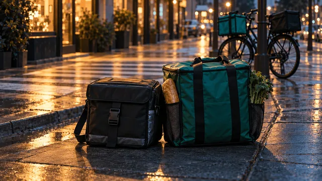 Two insulated delivery bags—one for food, one for groceries—sitting close together on an urban sidewalk at dusk, their shadows merging under streetlight.