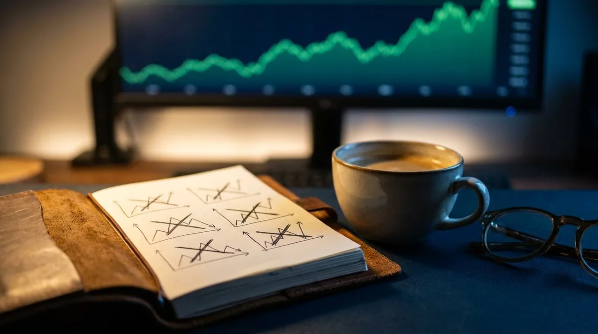 A trader sits calmly at a clean, minimal desk with a single monitor displaying a steady green chart, hands relaxed rather than frantically typing. The mood is deliberate and composed — perhaps a cup of coffee nearby and a few trade setups on screen with most of them crossed out or passed over. The overall atmosphere conveys quiet confidence and disciplined restraint, with warm, focused lighting that feels intentional rather than idle.