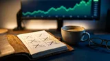 A trader sits calmly at a clean, minimal desk with a single monitor displaying a steady green chart, hands relaxed rather than frantically typing. The mood is deliberate and composed — perhaps a cup of coffee nearby and a few trade setups on screen with most of them crossed out or passed over. The overall atmosphere conveys quiet confidence and disciplined restraint, with warm, focused lighting that feels intentional rather than idle.