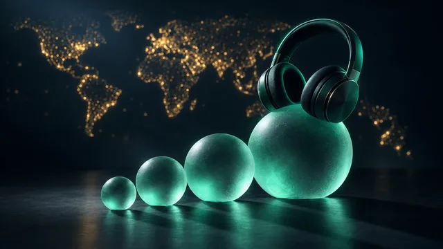 Studio still-life of over-ear headphones resting on ascending glowing green glass spheres against a dark backdrop with faint distant city lights, symbolizing global growth in audio streaming.