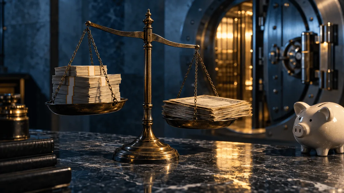 A close-up still life on a dark marble counter: a stack of crisp vault-style bundled currency bands beside a row of old paper bonds yellowing at the edges, a single antique brass balance scale tipped unevenly between them, and a modest cera