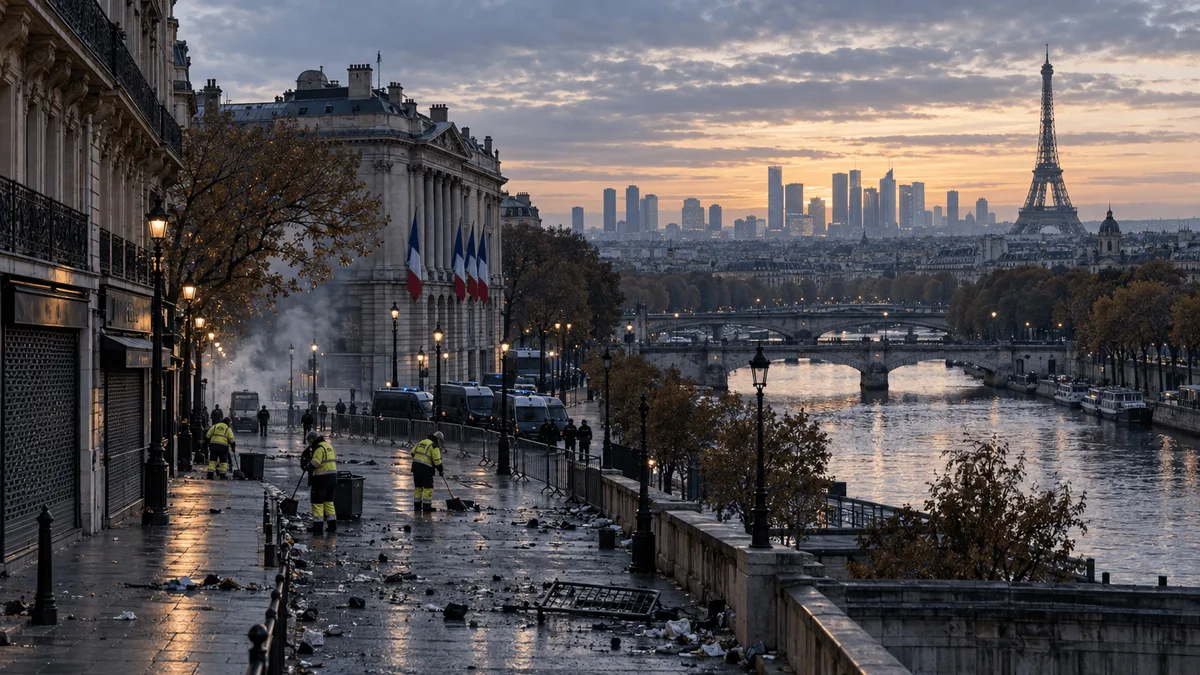 Dawn view of Paris after overnight unrest, showing the Eiffel Tower and La Défense financial towers across the Seine, with swept debris, shuttered shops, and parked police vans on a quiet boulevard.