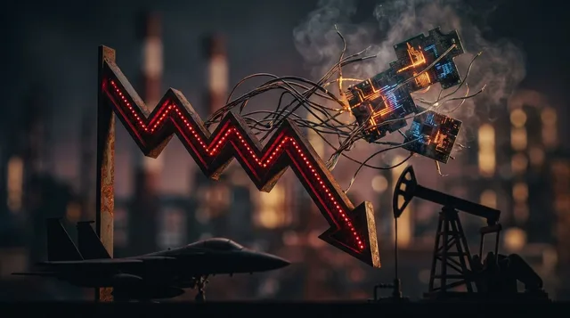 A dramatic downward-trending stock chart rendered in deep red fills the frame, with glowing circuit board patterns and AI chip imagery dissolving and fragmenting in the background, visually representing the tech sector collapse.