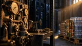 A weathered industrial switchboard with brass gauges and copper piping sits bathed in warm amber light, contrasting against a sleek, darkened server rack cooling in the shadows behind it.
