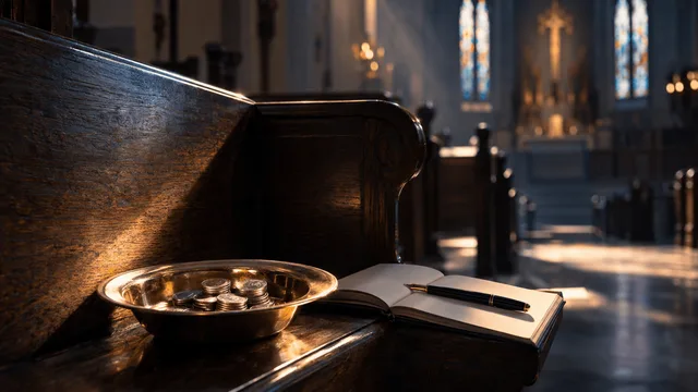 A simple wooden church pew sits half in shadow, a single brass offering plate resting on its seat holding a small, neat stack of silver coins.