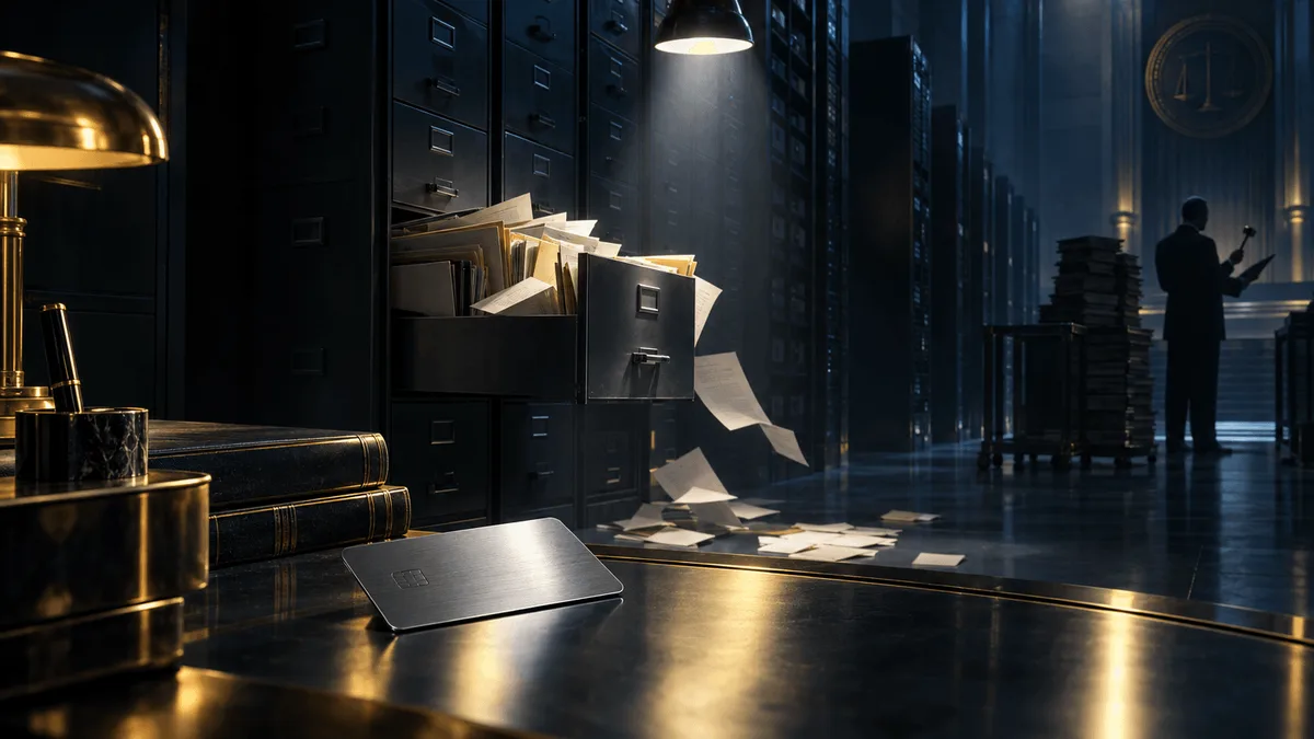 A shadowy bank archive with an open file cabinet spilling papers under a spotlight, a blank metallic card on a desk, and a distant regulator's silhouette overseeing stacked ledgers.