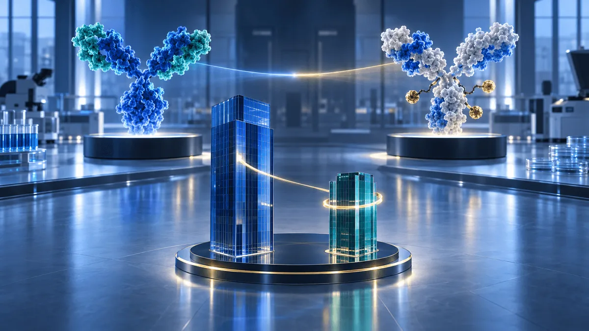 Two molecular models—a bispecific antibody and an antibody-drug conjugate—linked by a beam of light between two glass towers of unequal height, symbolizing a minority equity stake and clinical collaboration between two pharmaceutical companies.