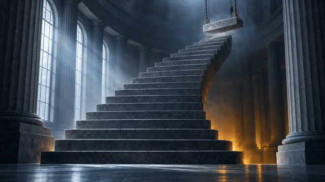 A monumental stone staircase in a neoclassical hall, with one final step suspended by chains above the others as cool light and warm undertones interplay, symbolizing a deliberate interest-rate increase with one more still to come.