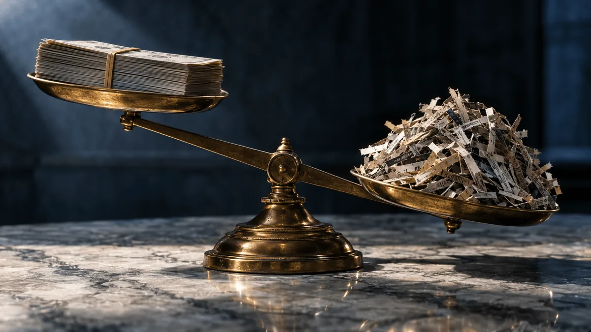 Macro shot of a large stack of crisp paper bills secured with a single rubber band, resting on an antique brass balance scale, with the scale's opposite pan weighed down by a pile of old newspaper clippings cut into thin strips to resemble