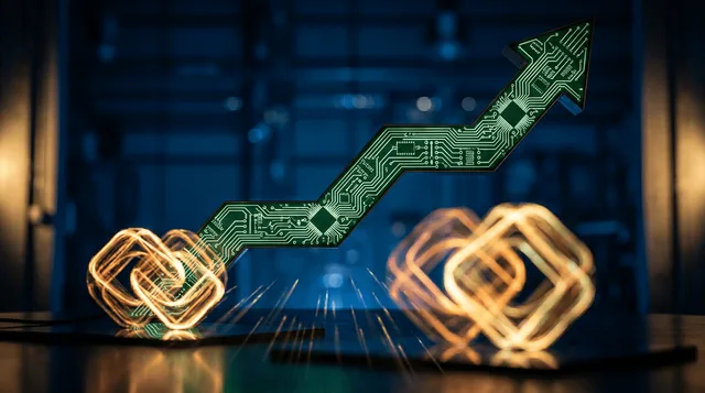 A dramatic upward-sweeping stock market chart rendered in bold green against a dark background, with glowing circuit board or semiconductor chip patterns subtly integrated into the design.