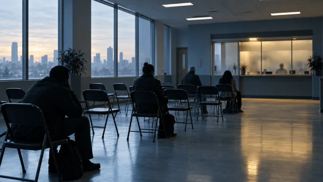 A nearly empty job-assistance waiting room at dawn, with a few people seated apart and a single lit service window, evoking a cooling labor market.