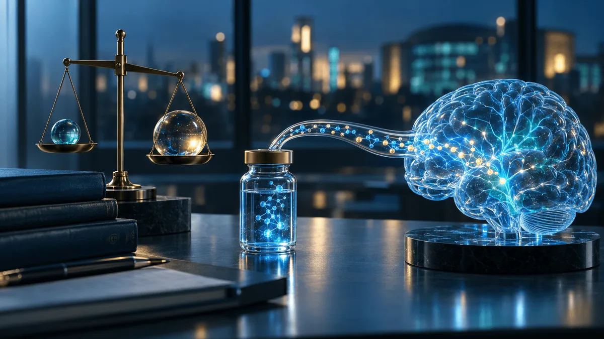 A glass model of a brain glowing softly blue, connected by a luminous particle stream through a capillary-like glass conduit to a sealed vial, with a brass balance scale holding two unequal glass spheres nearby, set in a dim laboratory with a distant city skyline visible through a window.