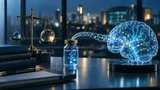 A glass model of a brain glowing softly blue, connected by a luminous particle stream through a capillary-like glass conduit to a sealed vial, with a brass balance scale holding two unequal glass spheres nearby, set in a dim laboratory with a distant city skyline visible through a window.