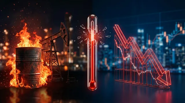A split-scene composition showing a fiery oil barrel or pump jack engulfed in orange flames on one side, contrasting with a downward-trending stock chart rendered in red on the other, set against a dark financial backdrop.