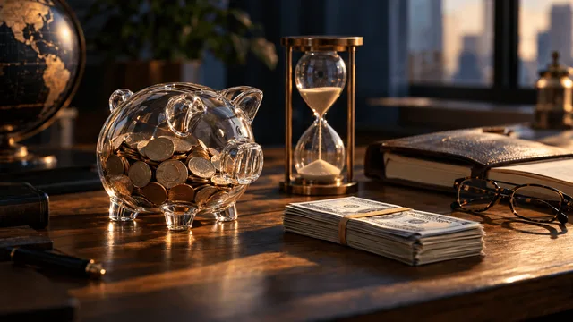 A clean glass piggy bank sits on a wooden desk beside a neat stack of folded cash secured with a rubber band, an open leather ledger, and a simple hourglass with sand mid-flow.