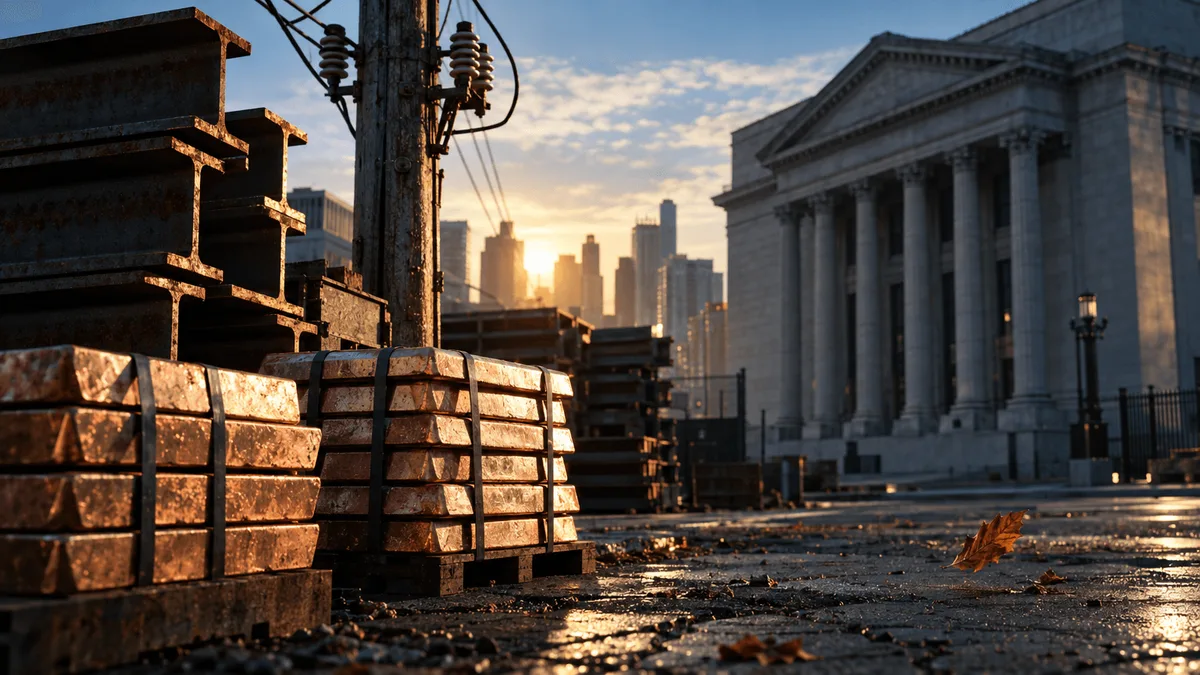 A sunlit industrial yard at dawn: stacked steel beams and raw copper ingots rest beside a weathered utility pole, its ceramic insulators catching the light, while in the soft-focus background a bank building's granite façade stands unlit an