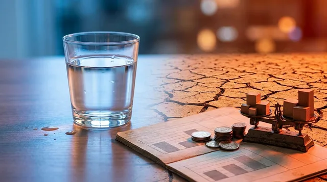 A split-composition image showing a crystal-clear glass of water on one side representing healthy liquidity, contrasted against a cracked, dry desert landscape on the other side, visually representing the stark difference between financial