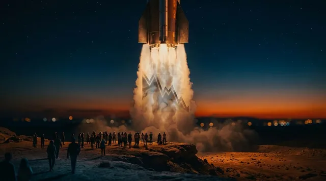 A rocket launching into space with a downward-trending stock chart graph subtly overlaid or reflected in the rocket's exhaust plume, creating a visual tension between ambition and market reality.
