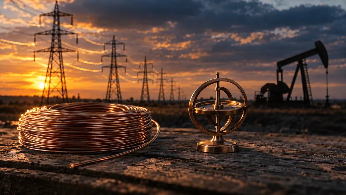 A row of transmission towers stands calm beneath a wide dusk sky, their steel lattices catching the last warm light, while in the distance an oil pump-jack sits idle against darkening clouds.