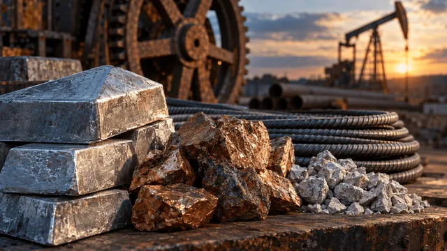 A close-up still life on a weathered industrial workbench: stacked raw aluminum ingots and chunks of unpolished copper ore catching soft overhead light, beside a coil of steel rebar and a small pile of limestone gravel.
