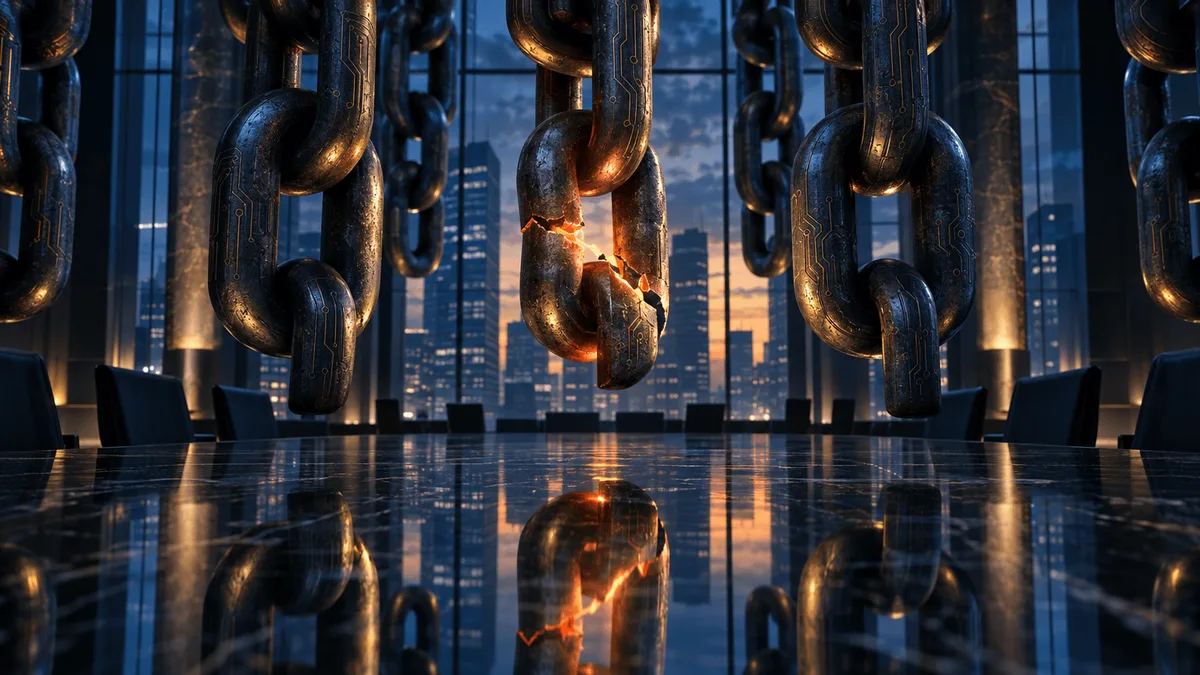 A dim control-room-like space with heavy steel chains hanging from the ceiling, one link glowing under visible stress, reflected on a dark polished table below, evoking hidden financial interconnection and risk.