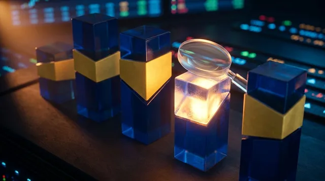 A split bar chart visualization comes to life as a dramatic visual metaphor, with bold blue and yellow segments dramatically dividing a row of towering financial bars — some nearly swallowed by yellow "underperformers" despite their impressive height. The scene is set against a sleek, dark financial dashboard backdrop, with one bar glowing brighter than the rest to symbolize the rare winning stock hidden within a crowded sector. A subtle magnifying glass hovers over this standout bar, reinforcin