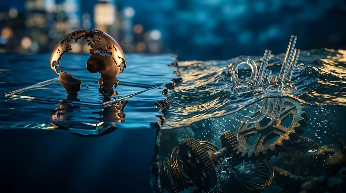 A split-image concept showing a deceptively calm ocean surface on one side contrasting with a violently turbulent underwater scene on the other, with dramatic currents and churning chaos beneath the waterline. The above-water portion appears serene and blue, while below reveals intense, swirling forces pulling in multiple directions. This visual metaphor immediately communicates hidden volatility lurking beneath an outwardly stable market surface.