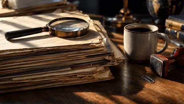 A close-up still life on a wooden desk: a stack of manila accounting ledgers and a magnifying glass resting on top, beside a ceramic mug of black coffee and a red rubber stamp tipped on its side.