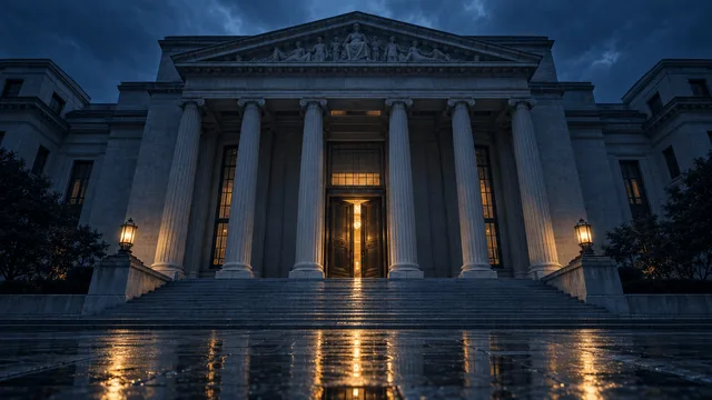 Dusk view of a grand stone bank entrance with bronze doors ajar and wet reflective steps, evoking a major financial institution facing an unexpected setback.