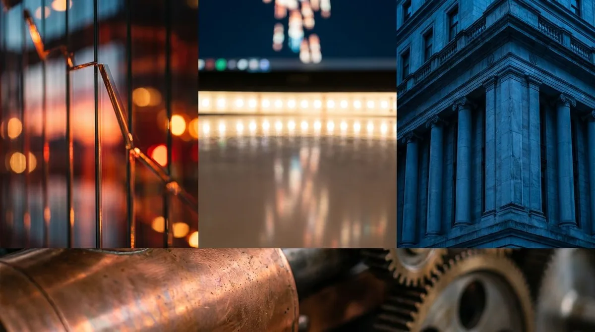 A split-screen composition showing a downward-trending stock market graph on one side, with dramatic red and orange hues suggesting geopolitical tension, and a imposing Federal Reserve building on the other side, bathed in cool, authoritati