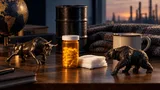 A single amber pill bottle and a small stack of gauze pads sit steady at the center of a wooden desk, softly lit, while beside them a toy bull and bear figurine tip slightly off balance.