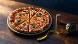A single ceramic pizza, cut into ten equal slices, resting on a plain wooden table beside a neat stack of ten identical coins arranged in a column—one coin per slice—lit softly from one side to emphasize texture and proportion.